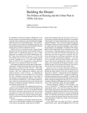 Building the Dream: the Politics of Housing and the Urban Plan in 1930'S Tel-Aviv