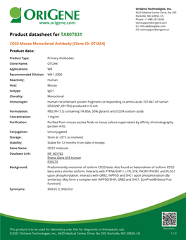 CD22 Mouse Monoclonal Antibody [Clone ID: OTI2A4] – TA807831