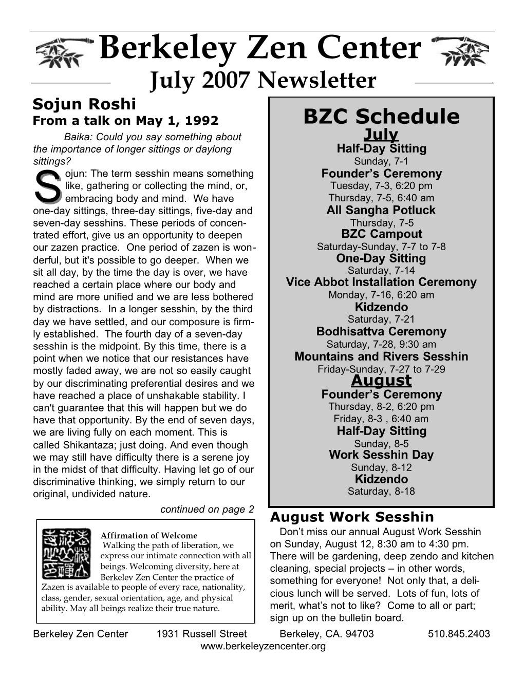 Berkeley Zen Center July 2007 Newsletter