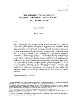 The Interjurisdictional Migration of European Authors of Liberty, 1660 – 1961: a Quantitative Analysis1