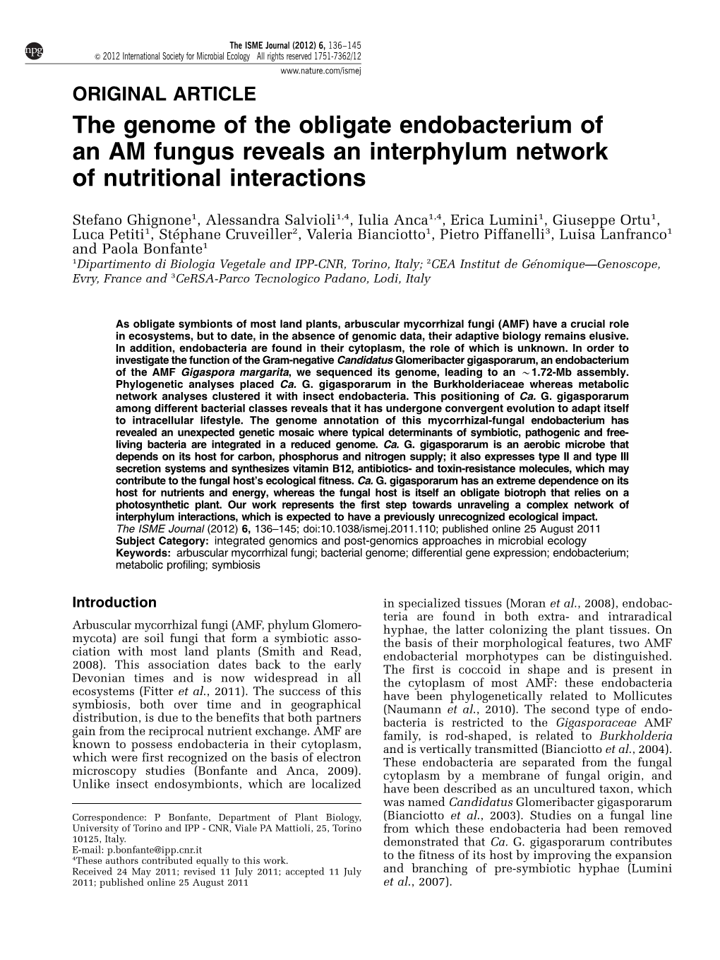 The Genome of the Obligate Endobacterium of an AM Fungus Reveals an Interphylum Network of Nutritional Interactions