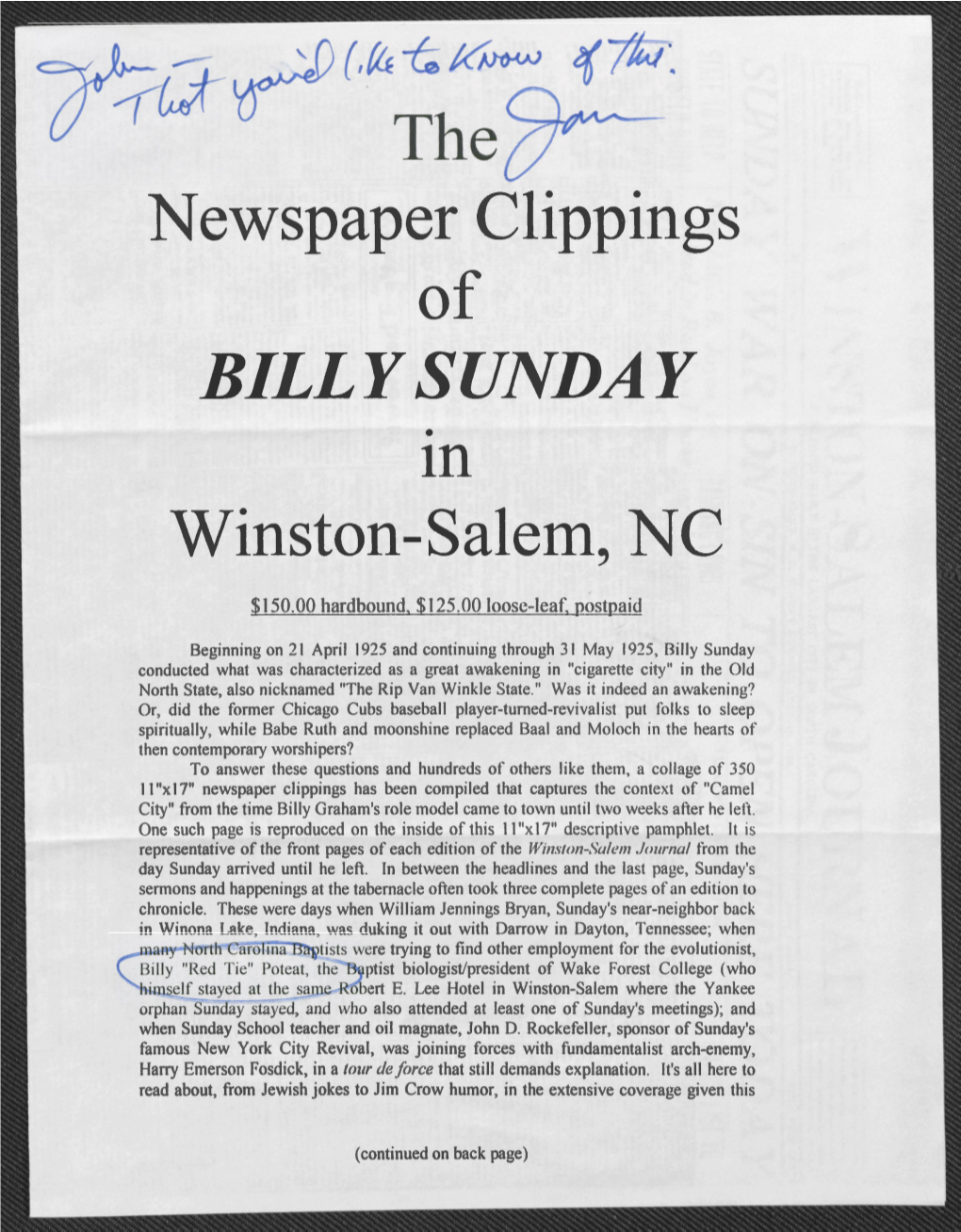 BILLY SUNDAY • Ill Winston-Salem, NC