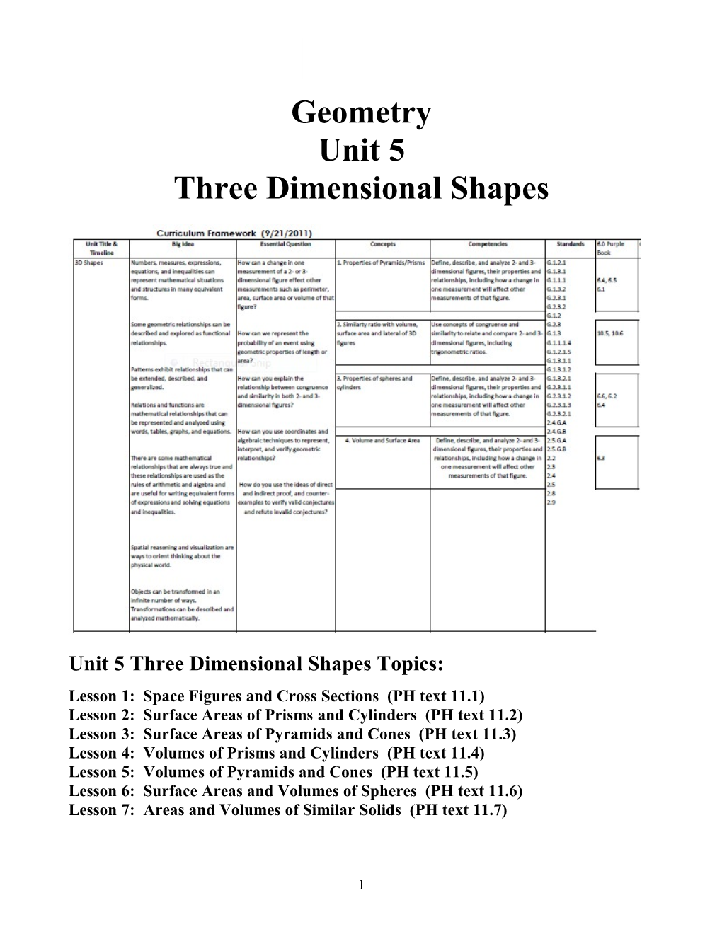 Unit 5 Three Dimensional Shapes Topics