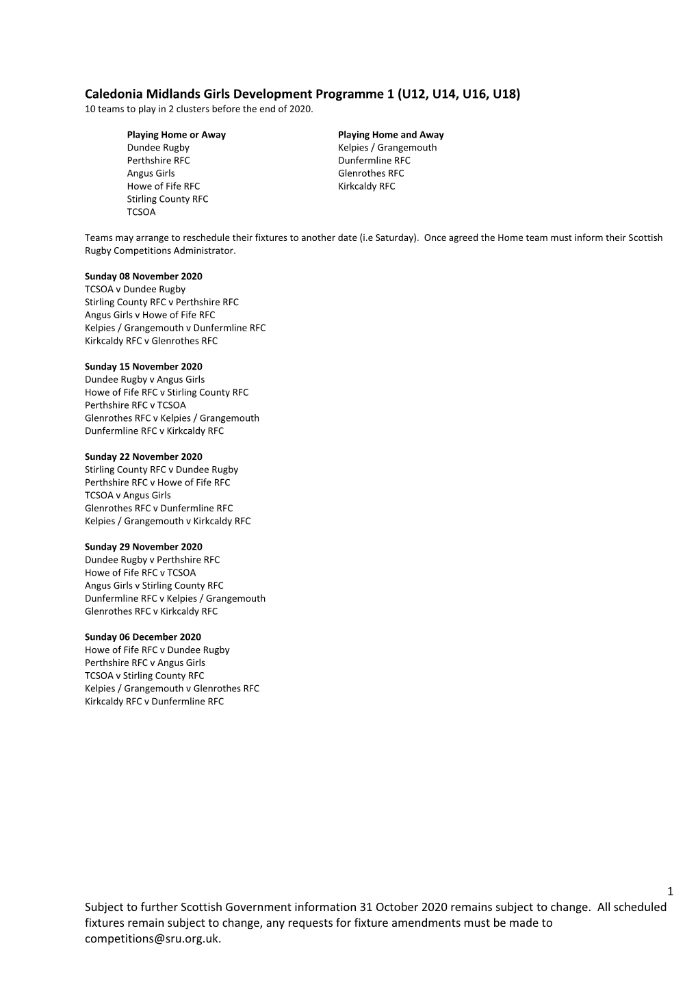 Caledonia Midlands Girls Development Programme 1 (U12, U14, U16, U18) 10 Teams to Play in 2 Clusters Before the End of 2020