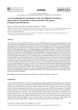 A Revised Phylogenetic Classification of the Ant Subfamily Formicinae (Hymenoptera: Formicidae), with Resurrection of the Genera Colobopsis and Dinomyrmex