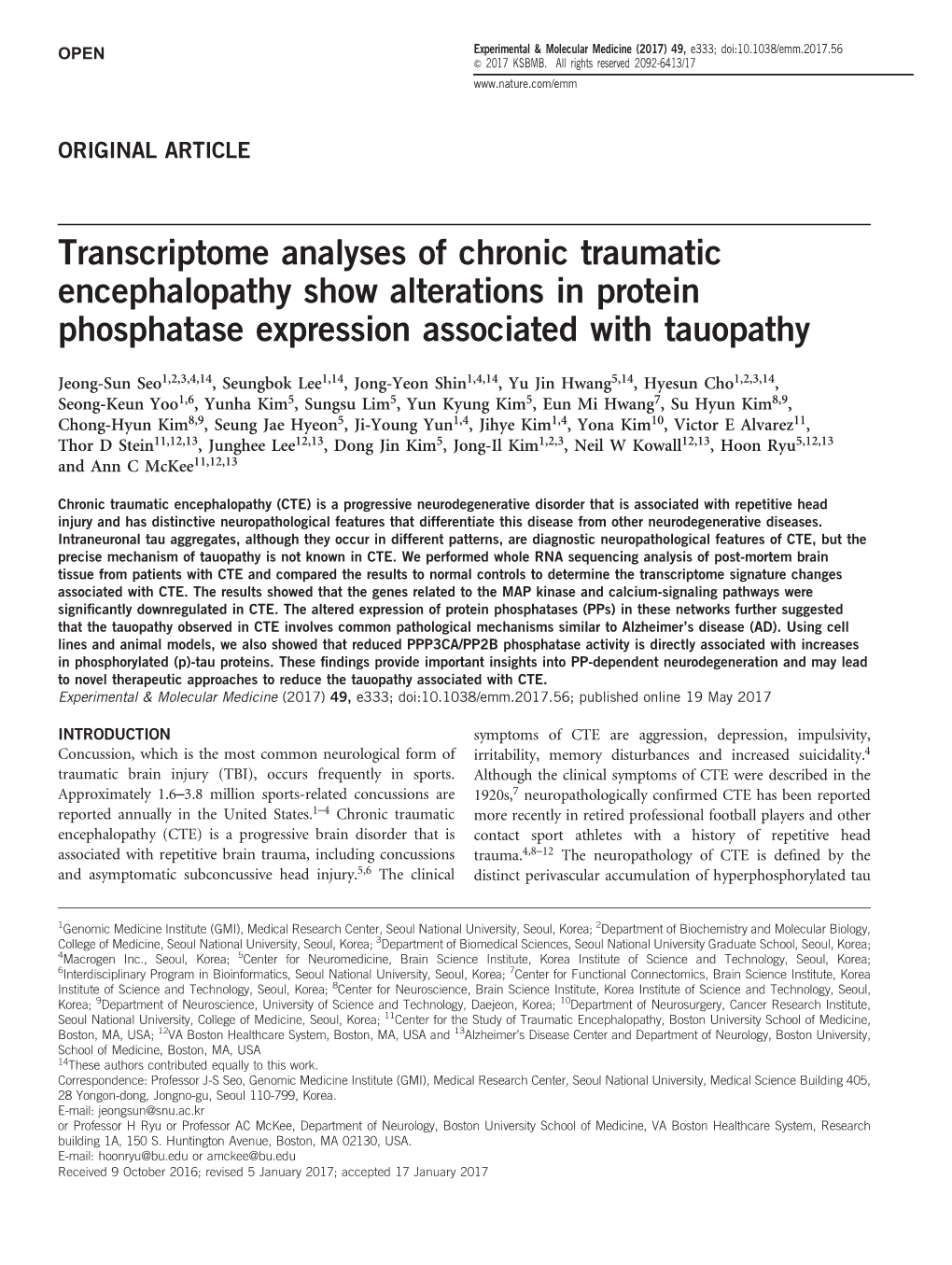Transcriptome Analyses of Chronic Traumatic Encephalopathy Show Alterations in Protein Phosphatase Expression Associated with Tauopathy