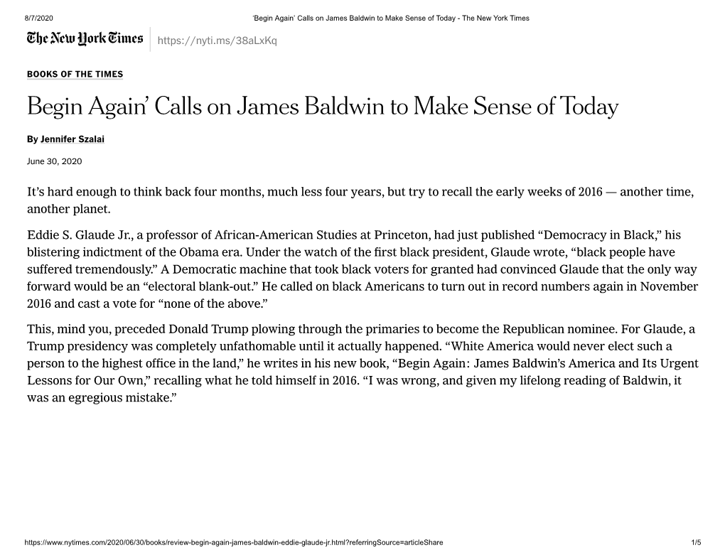 Begin Againʼ Calls on James Baldwin to Make Sense of Today