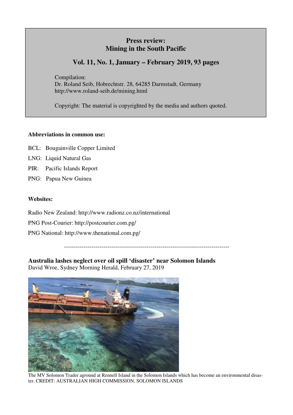 Mining in the South Pacific Vol. 11, No. 1, January – February 2019, 93