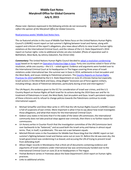Middle East Notes Maryknoll Office for Global Concerns July 9, 2015