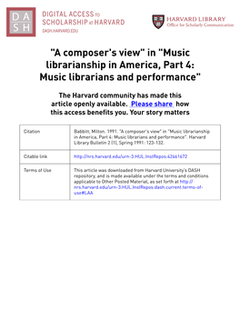 "A Composer's View" in "Music Librarianship in America, Part 4: Music Librarians and Performance"