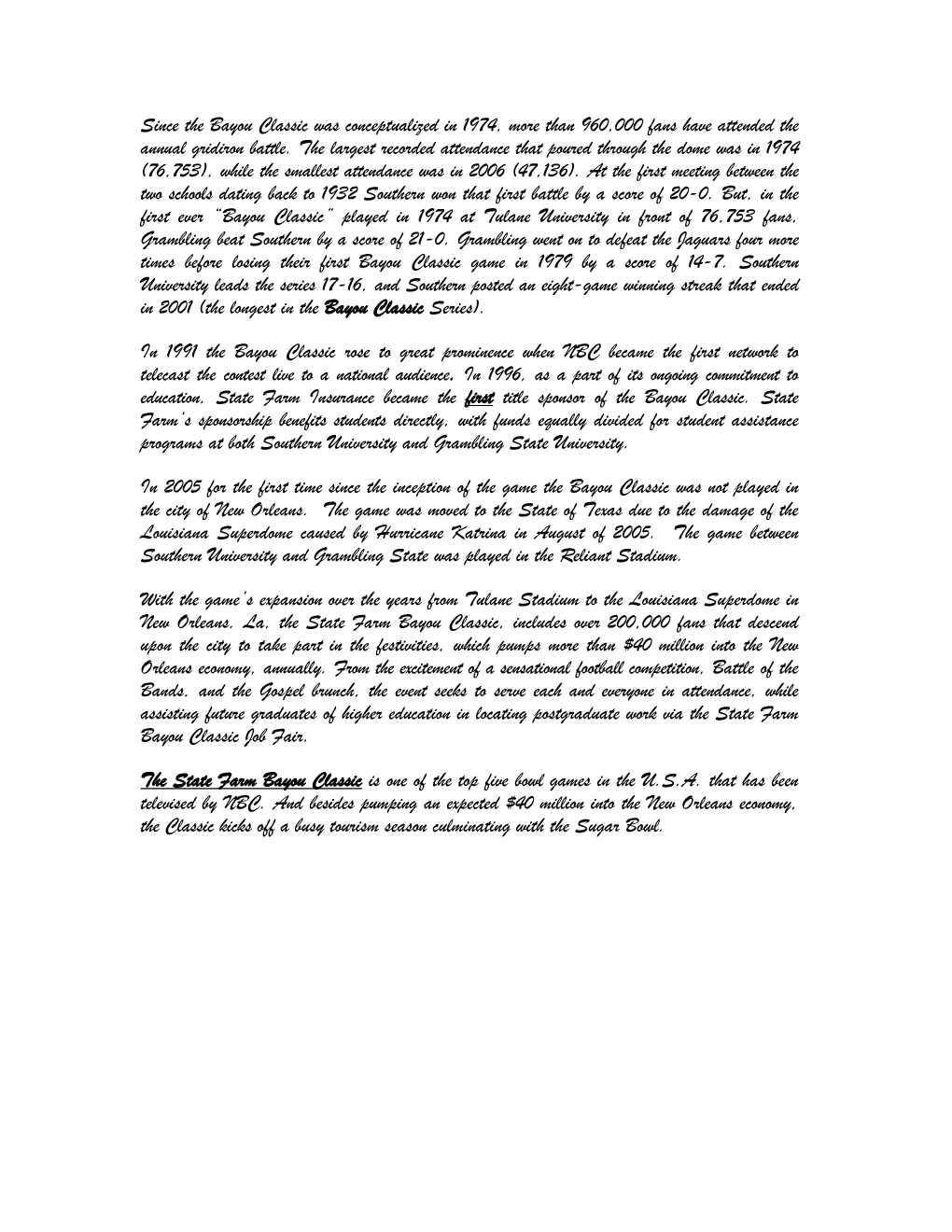 Bayou Classic Was Conceptualized in 1974, More Than 960,000 Fans Have Attended the Annual Gridiron Battle