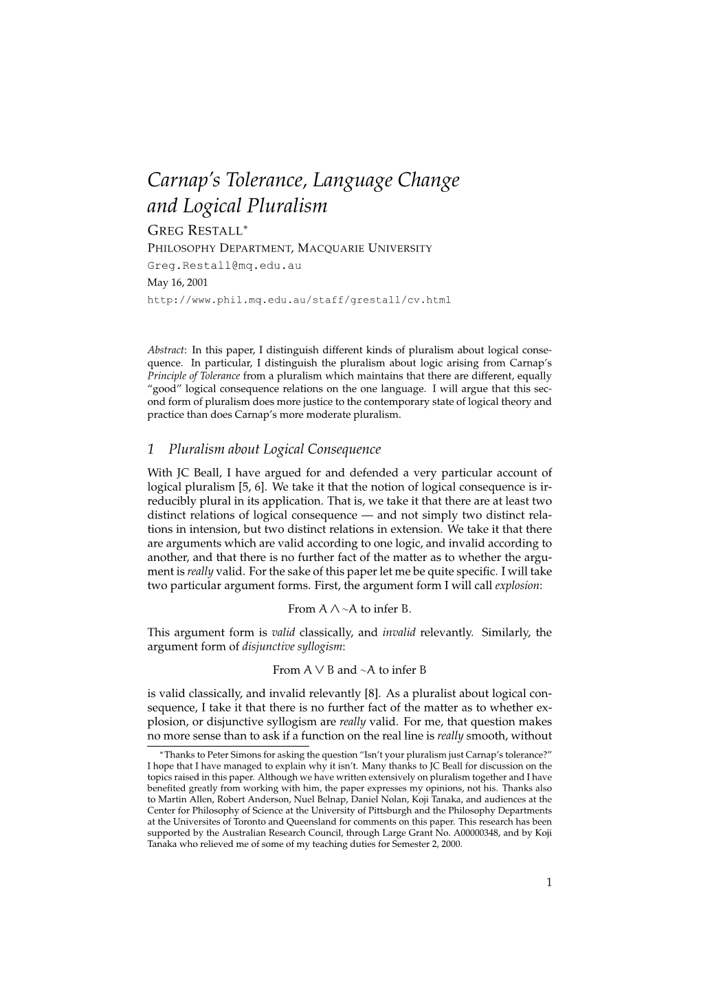Carnap's Tolerance, Language Change and Logical Pluralism