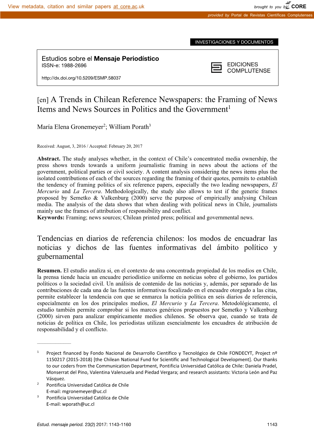 A Trends in Chilean Reference Newspapers: the Framing of News Items and News Sources in Politics and the Government1
