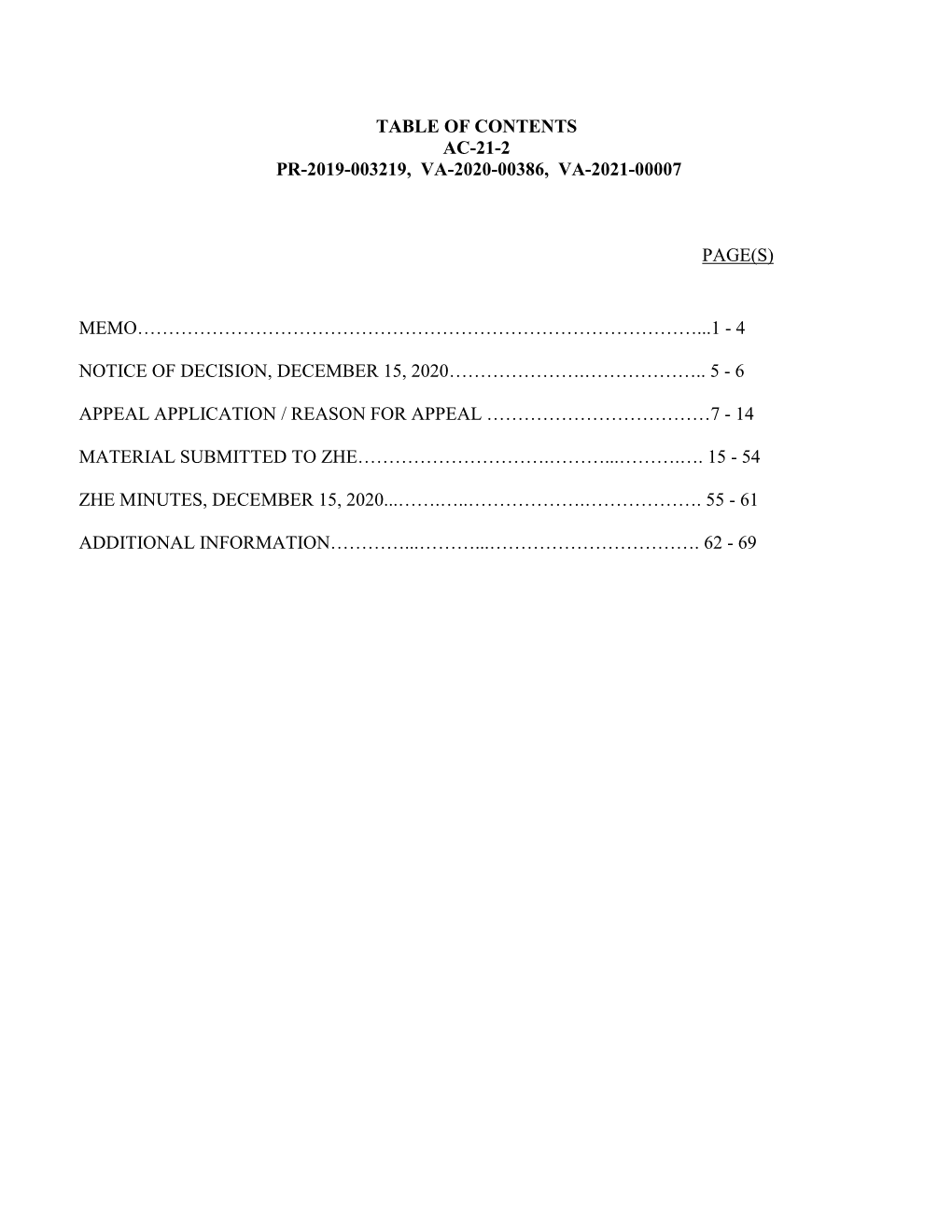 Table of Contents Ac-21-2 Pr-2019-003219, Va-2020-00386, Va-2021-00007