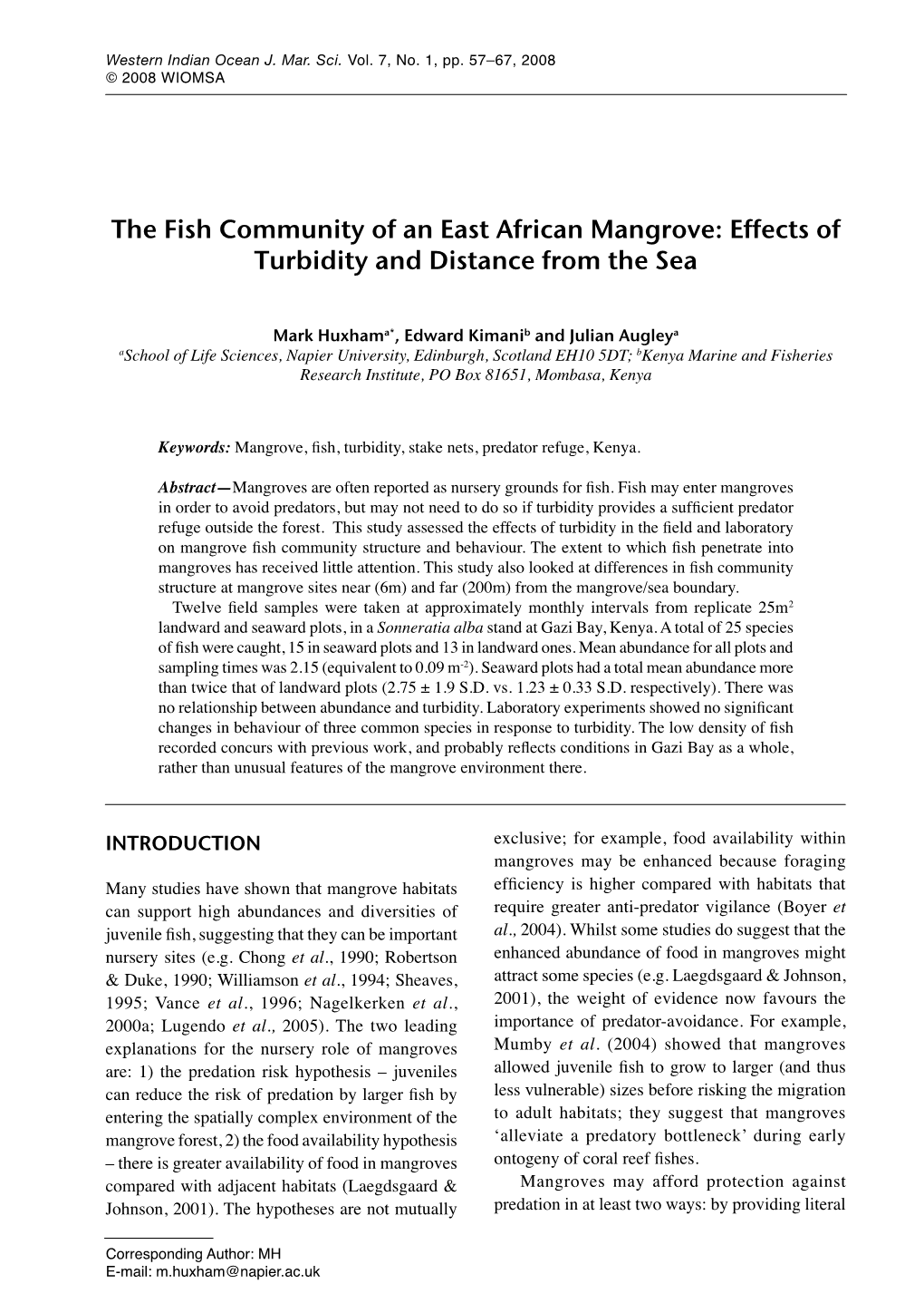 The Fish Community of an East African Mangrove: Effects of Turbidity and Distance from the Sea