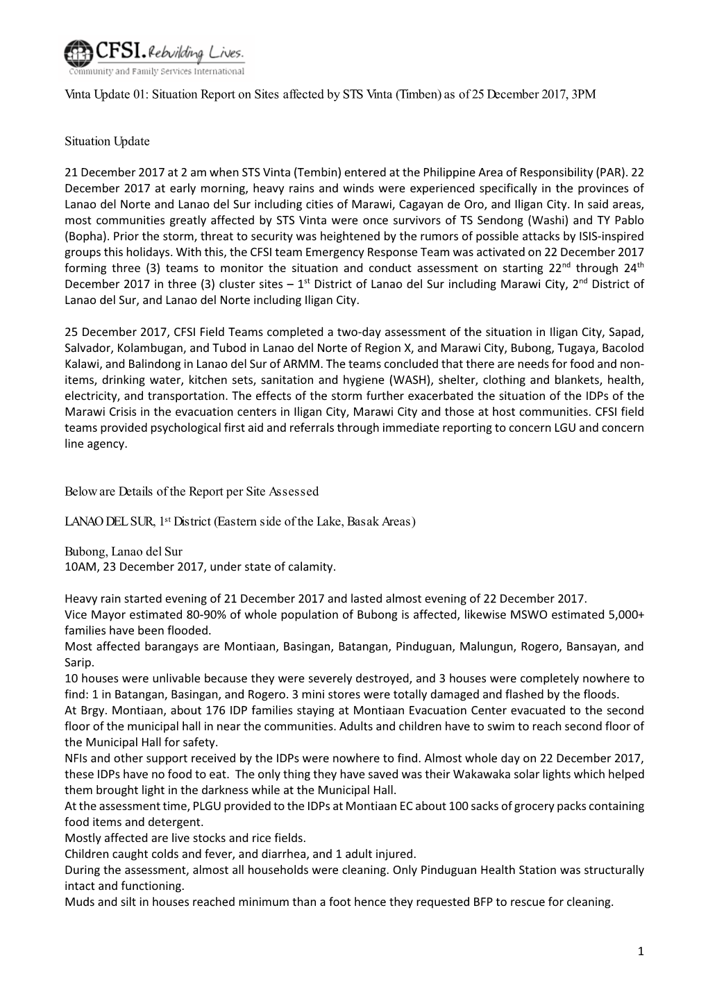 Situation Report on Sites Affected by STS Vinta (Timben) As of 25 December 2017, 3PM
