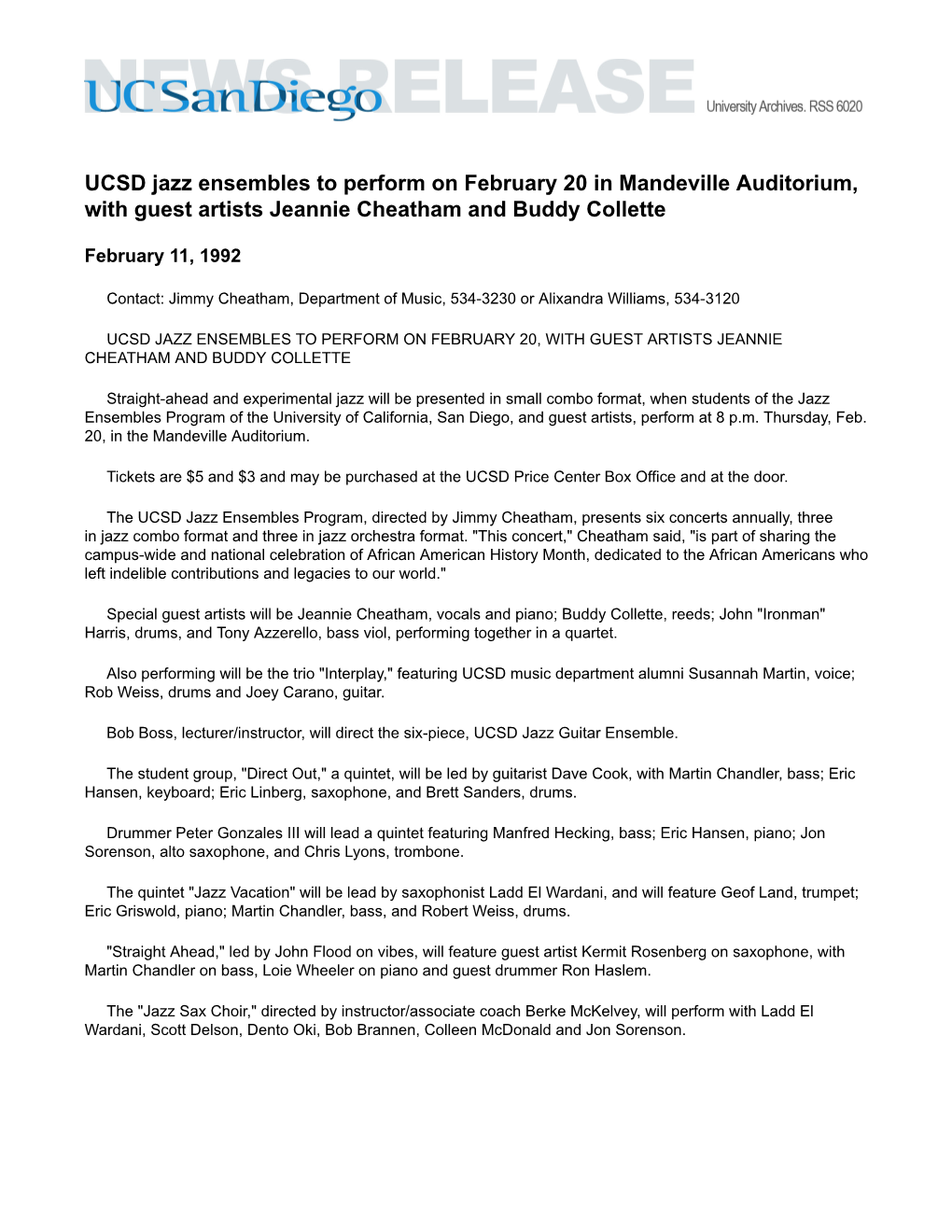 UCSD Jazz Ensembles to Perform on February 20 in Mandeville Auditorium, with Guest Artists Jeannie Cheatham and Buddy Collette