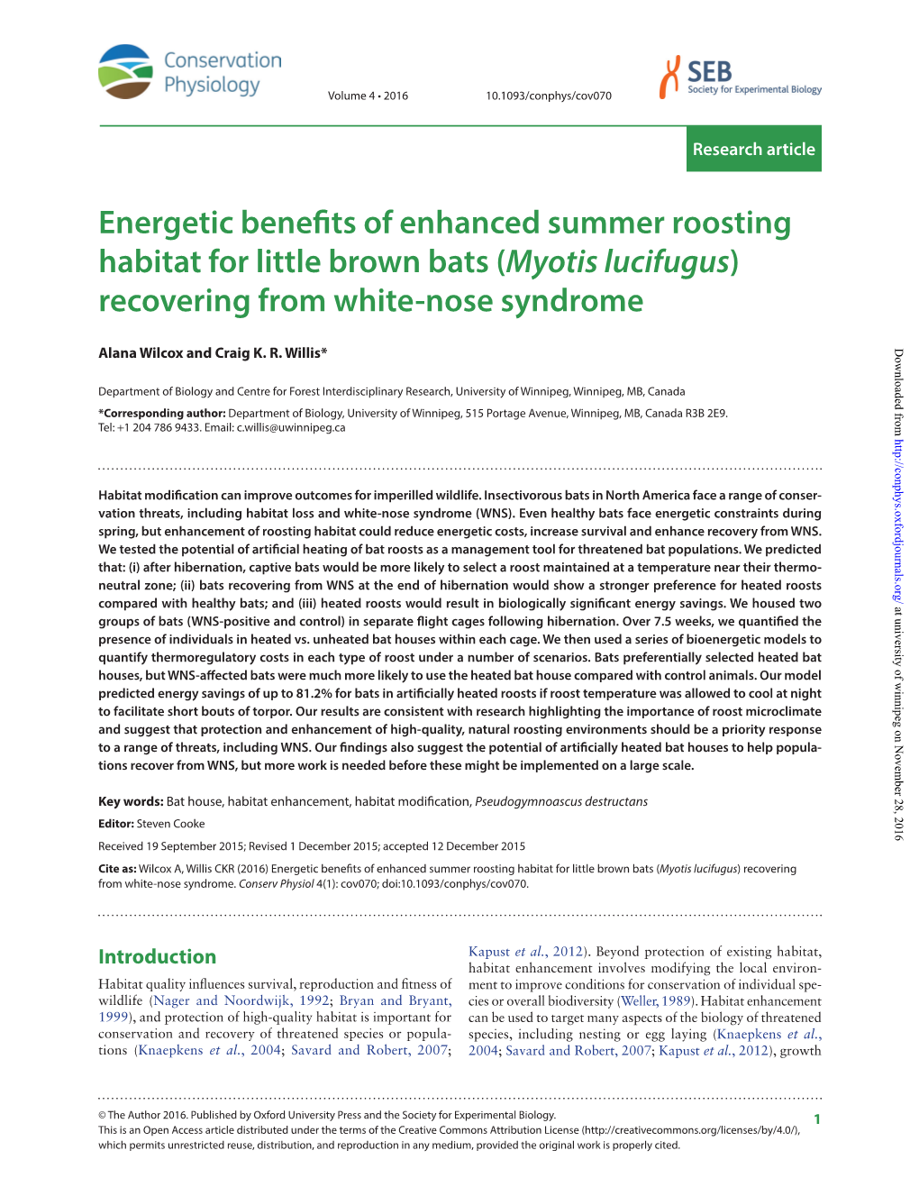 Energetic Benefits of Enhanced Summer Roosting Habitat for Little Brown Bats (Myotis Lucifugus) Recovering from White-Nose Syndrome