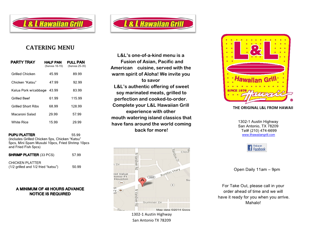 CATERING MENU L&L’S One-Of-A-Kind Menu Is A