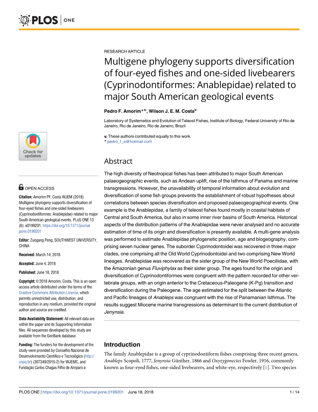 Cyprinodontiformes: Anablepidae) Related to Major South American Geological Events