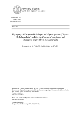 Phylogeny of European Dolichopus and Gymnopternus (Diptera: Dolichopodidae) and the Significance of Morphological Characters Inferred from Molecular Data