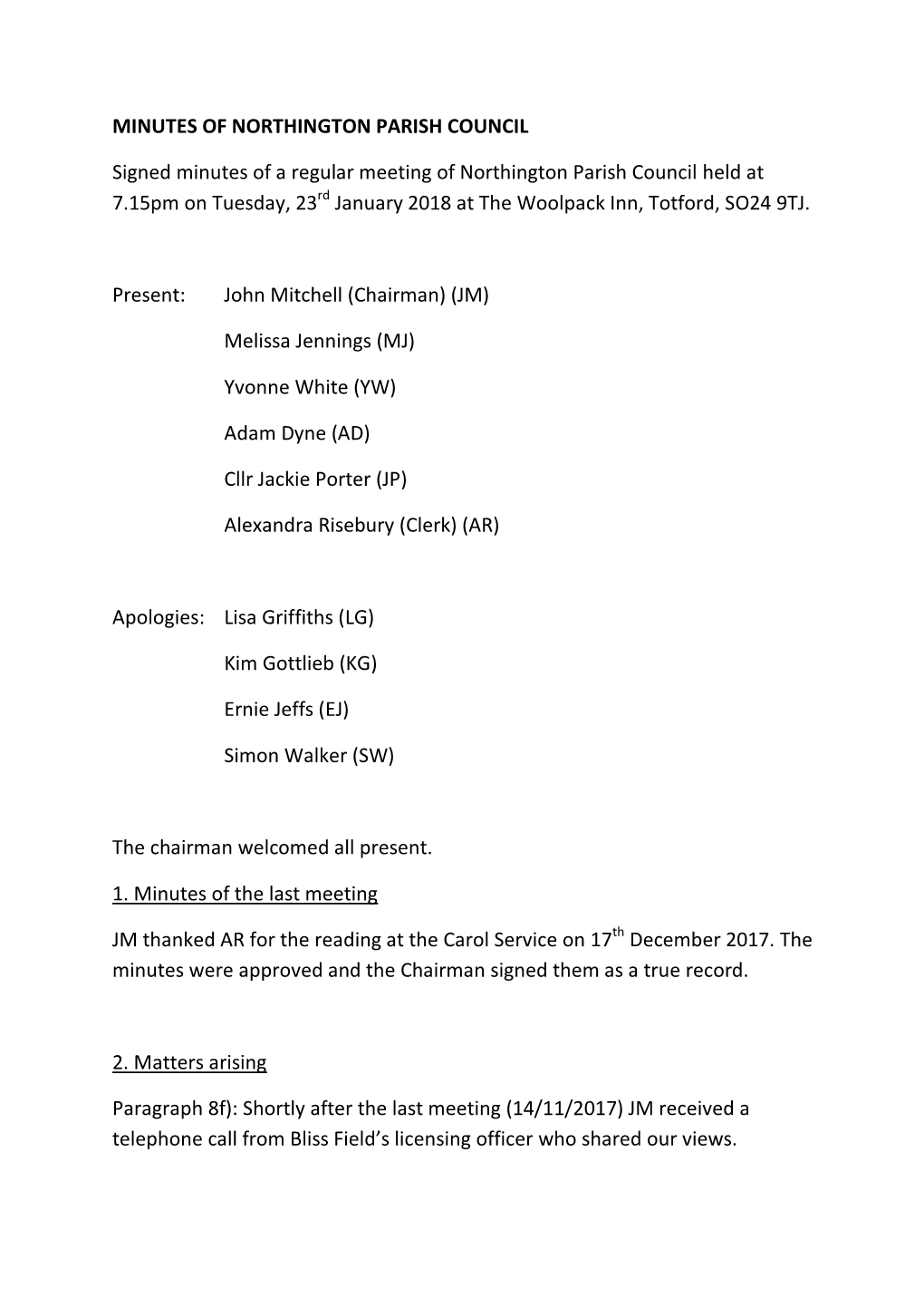 MINUTES of NORTHINGTON PARISH COUNCIL Signed Minutes