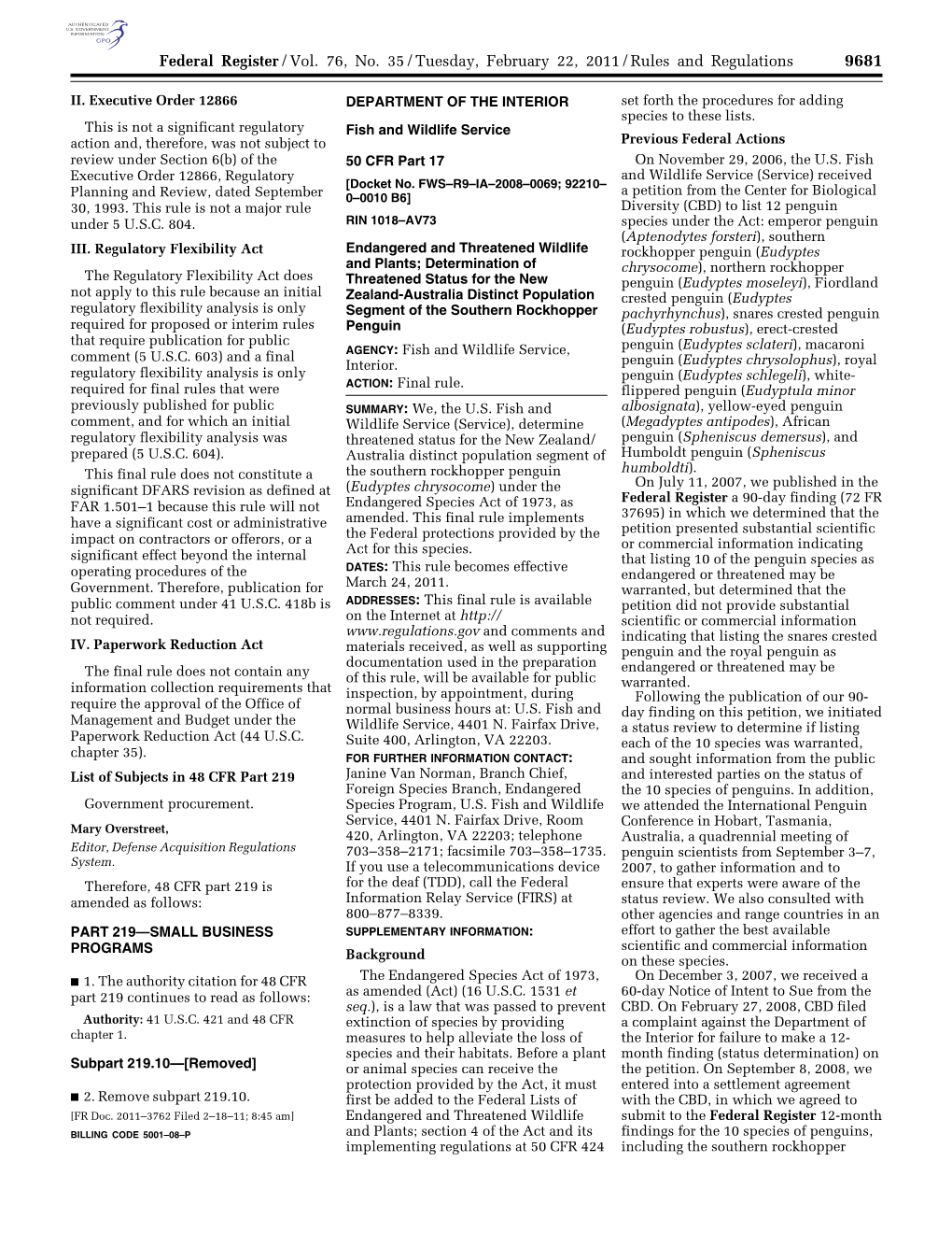 Federal Register/Vol. 76, No. 35/Tuesday, February 22, 2011