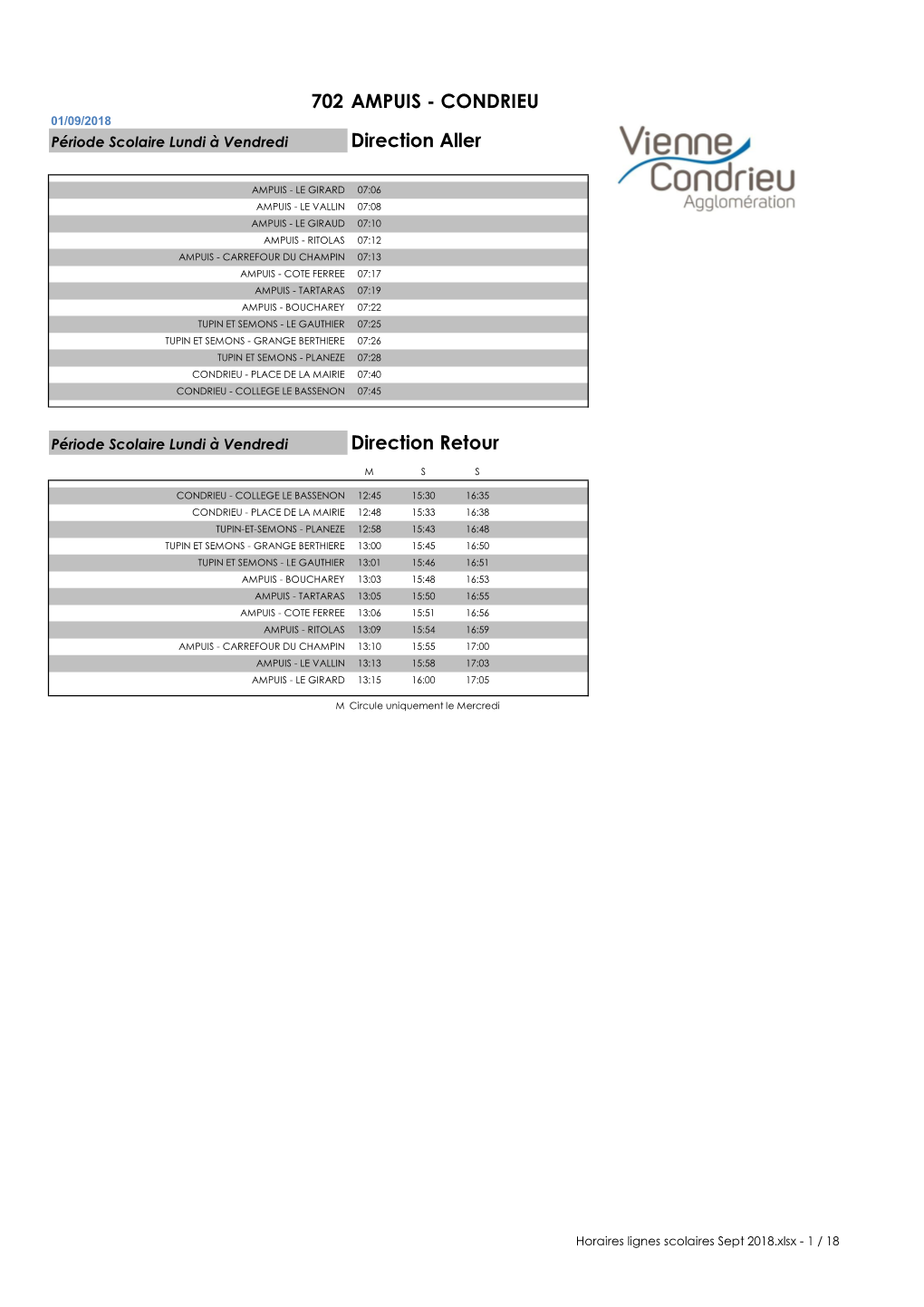 702 AMPUIS - CONDRIEU 01/09/2018 Période Scolaire Lundi À Vendredi Direction Aller