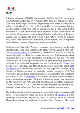 Zeno | 1 Downloaded from Coptic-Wiki.Org ZENO a Roman Emperor