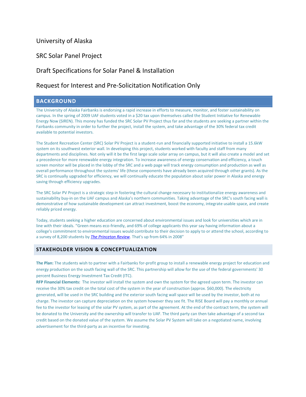 University of Alaska SRC Solar Panel Project Draft Specifications for Solar