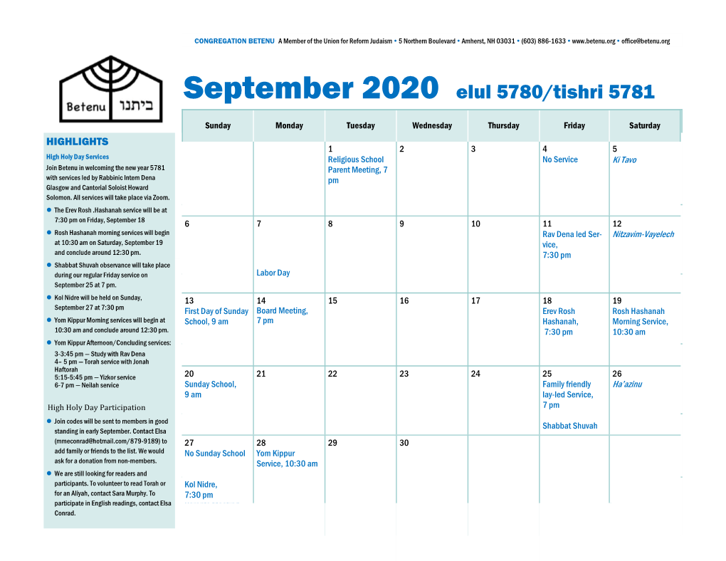 September 2020 Elul 5780/Tishri 5781