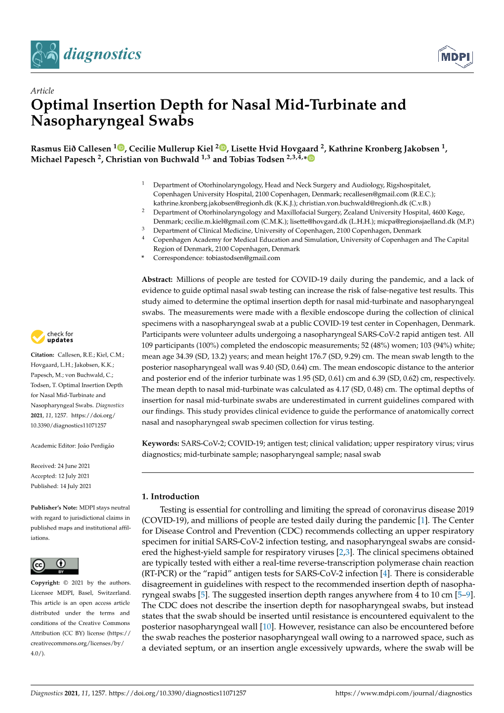 Optimal Insertion Depth for Nasal Mid-Turbinate and Nasopharyngeal Swabs