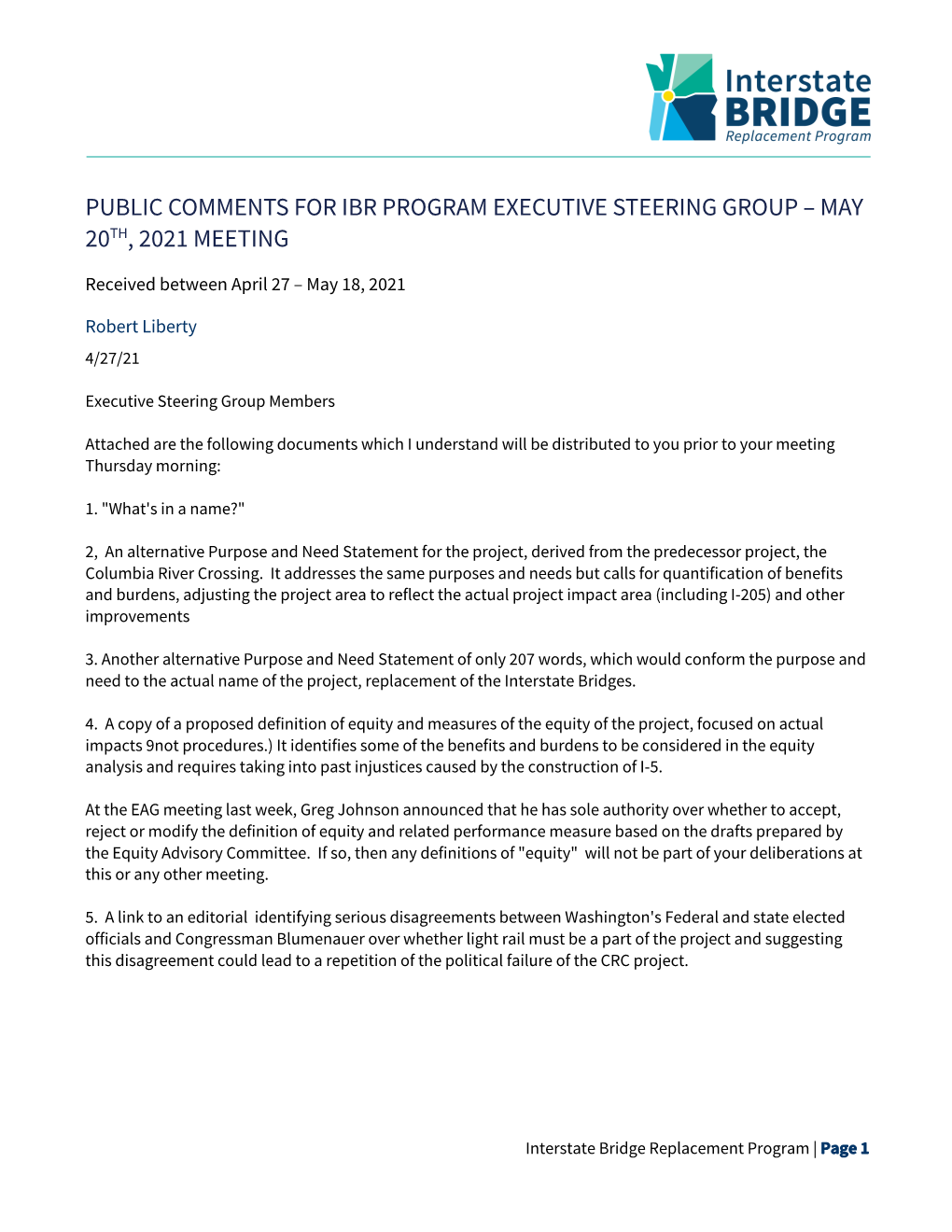 Public Comments for Ibr Program Executive Steering Group – May 20Th, 2021 Meeting