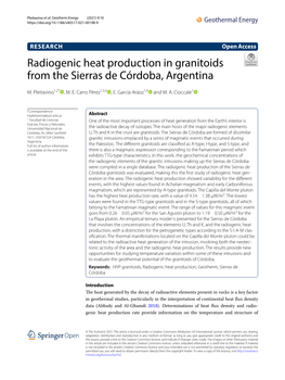 Radiogenic Heat Production in Granitoids from the Sierras De Córdoba, Argentina