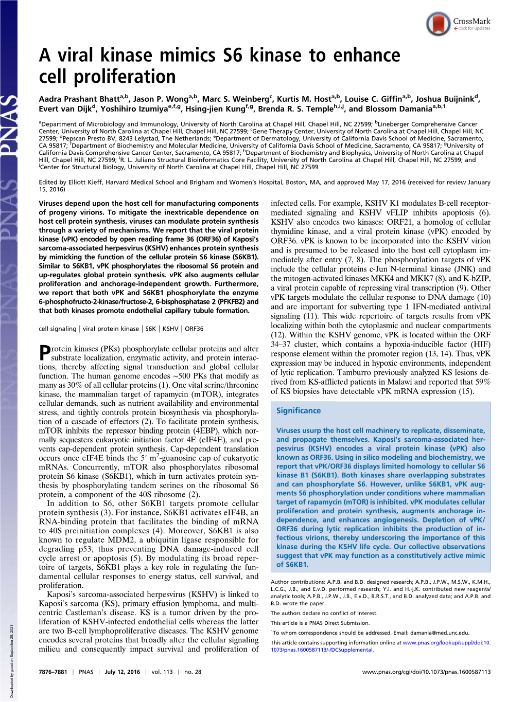 A Viral Kinase Mimics S6 Kinase to Enhance Cell Proliferation