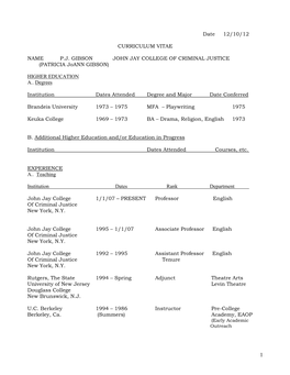 Date 12/10/12 CURRICULUM VITAE NAME PJ GIBSON JOHN JAY