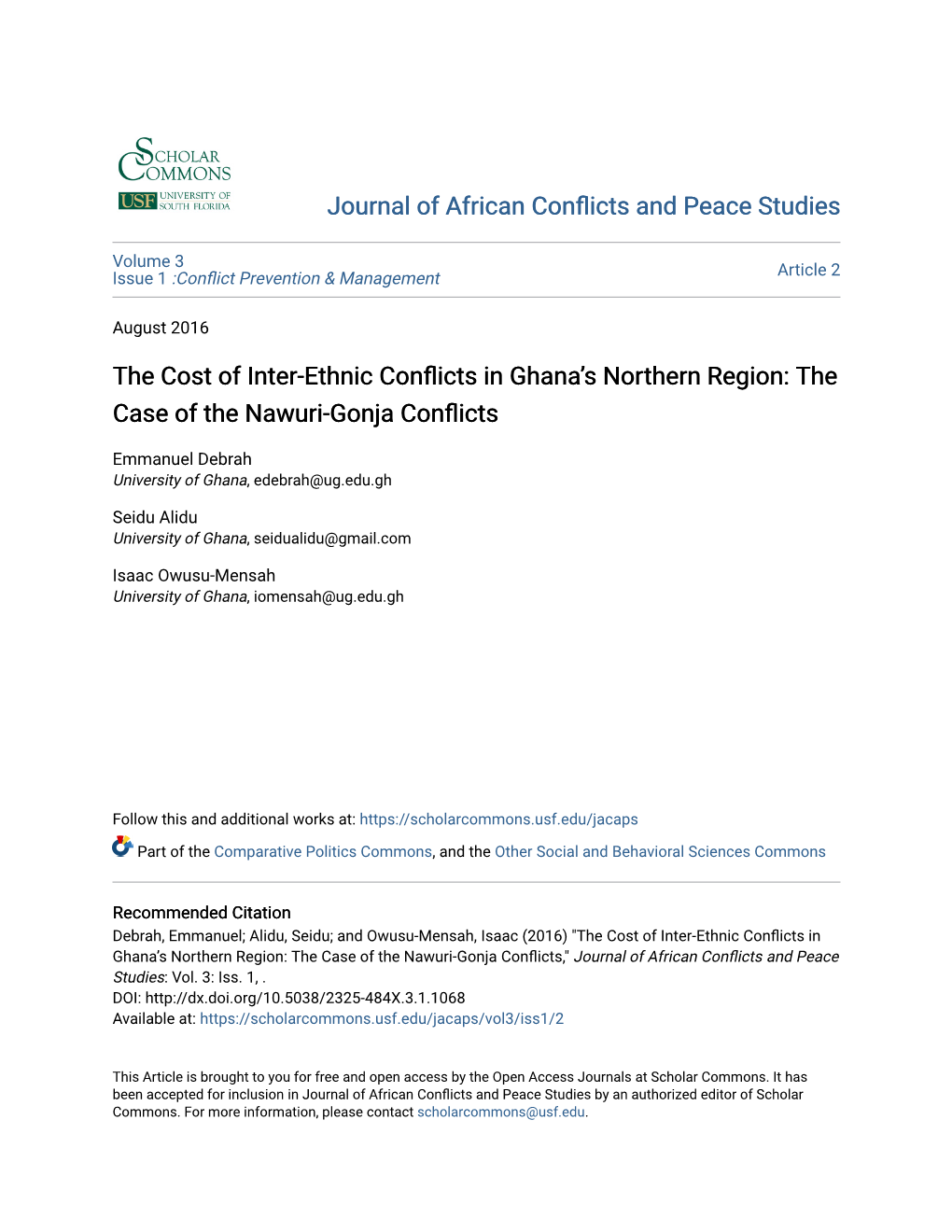 The Cost of Inter-Ethnic Conflicts in Ghana’S Northern Region: the Case of the Nawuri-Gonja Conflicts