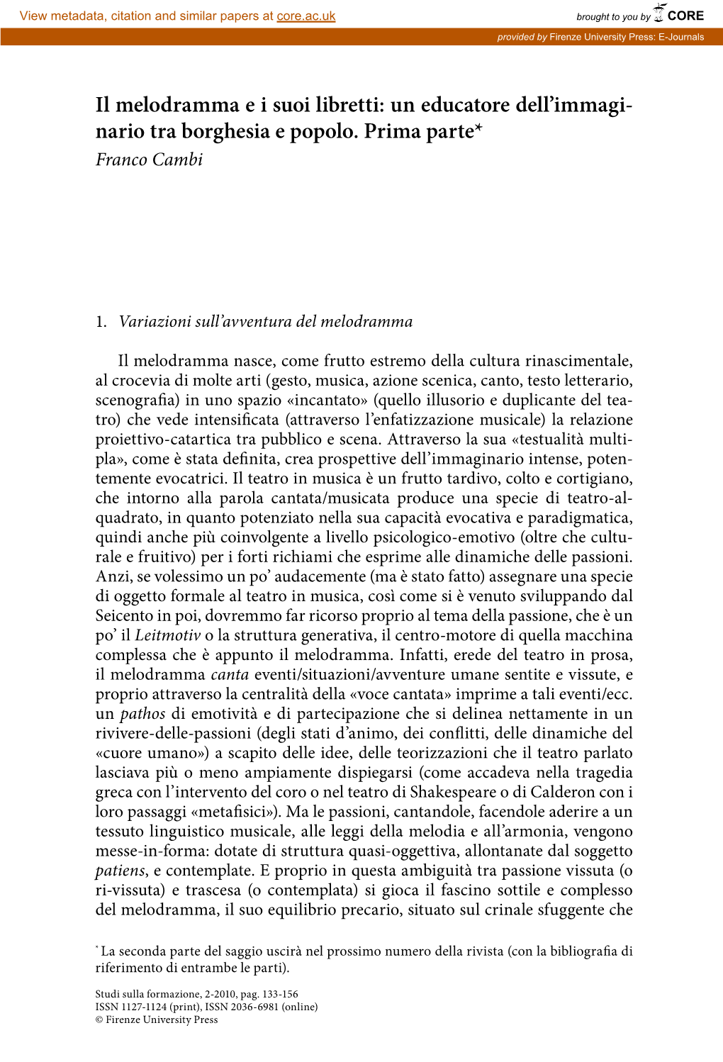 Il Melodramma Ei Suoi Libretti: Un Educatore Dell'immagi