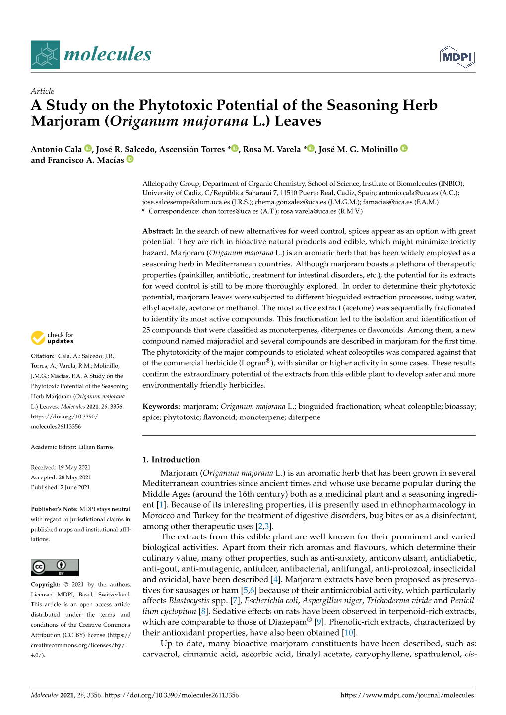 A Study on the Phytotoxic Potential of the Seasoning Herb Marjoram (Origanum Majorana L.) Leaves