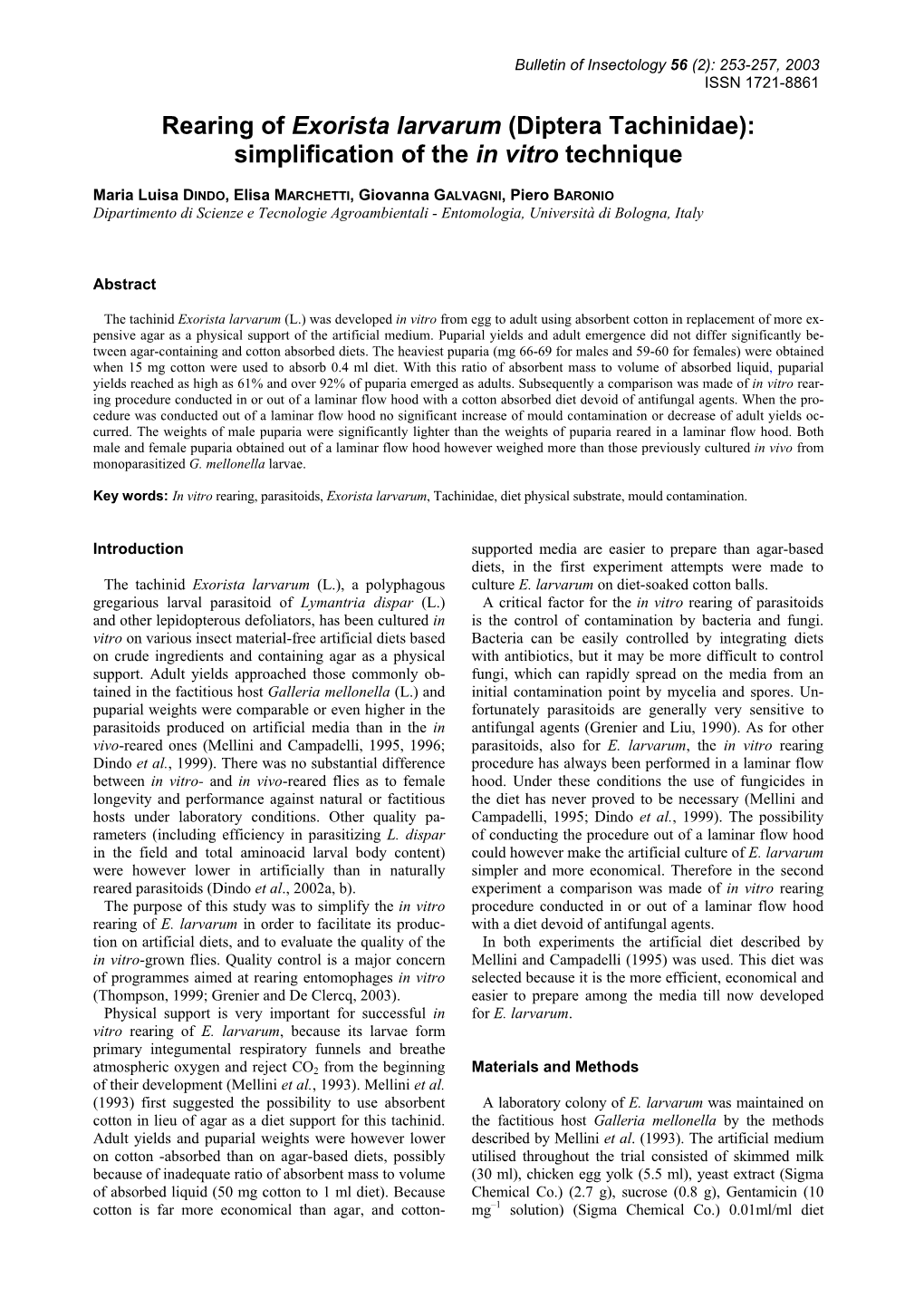 Rearing of Exorista Larvarum (Diptera Tachinidae): Simplification of the in Vitro Technique