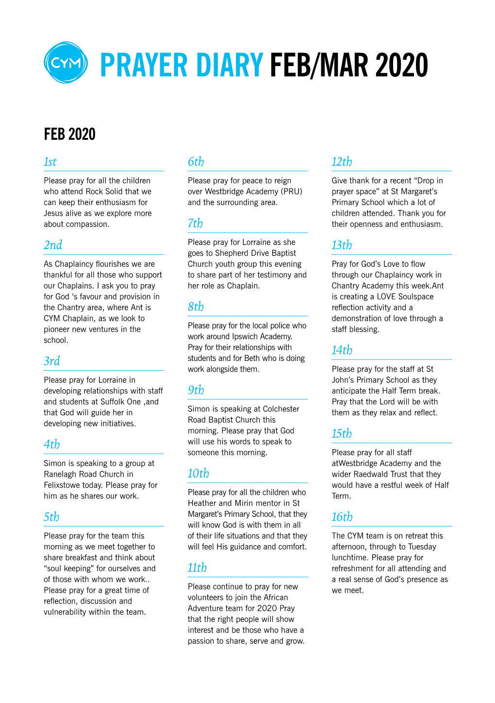 Prayer Diary Feb/Mar 2020
