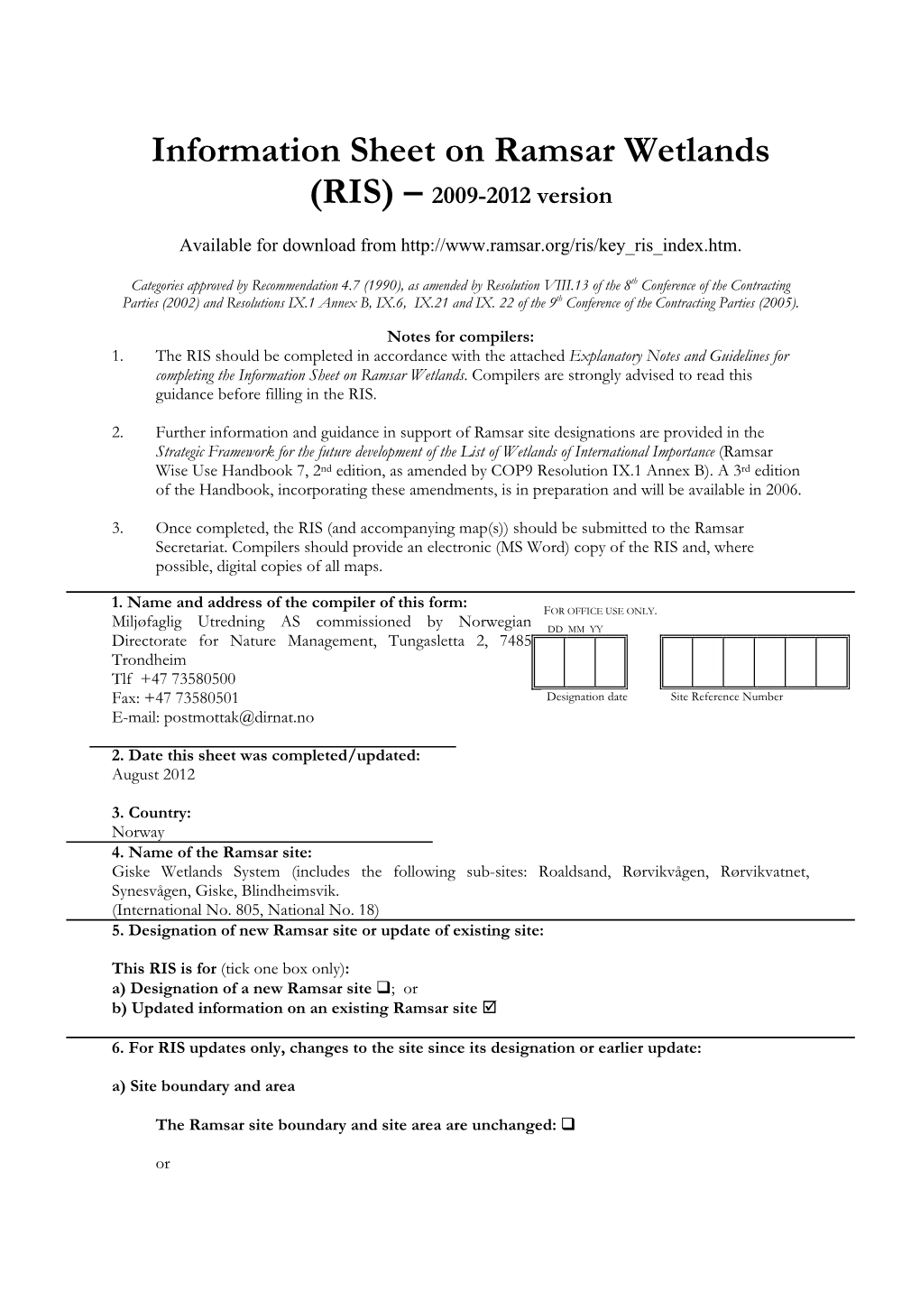 Information Sheet on Ramsar Wetlands (RIS) – 2009-2012 Version