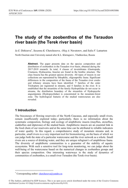 The Study of the Zoobenthos of the Tsraudon River Basin (The Terek River Basin)