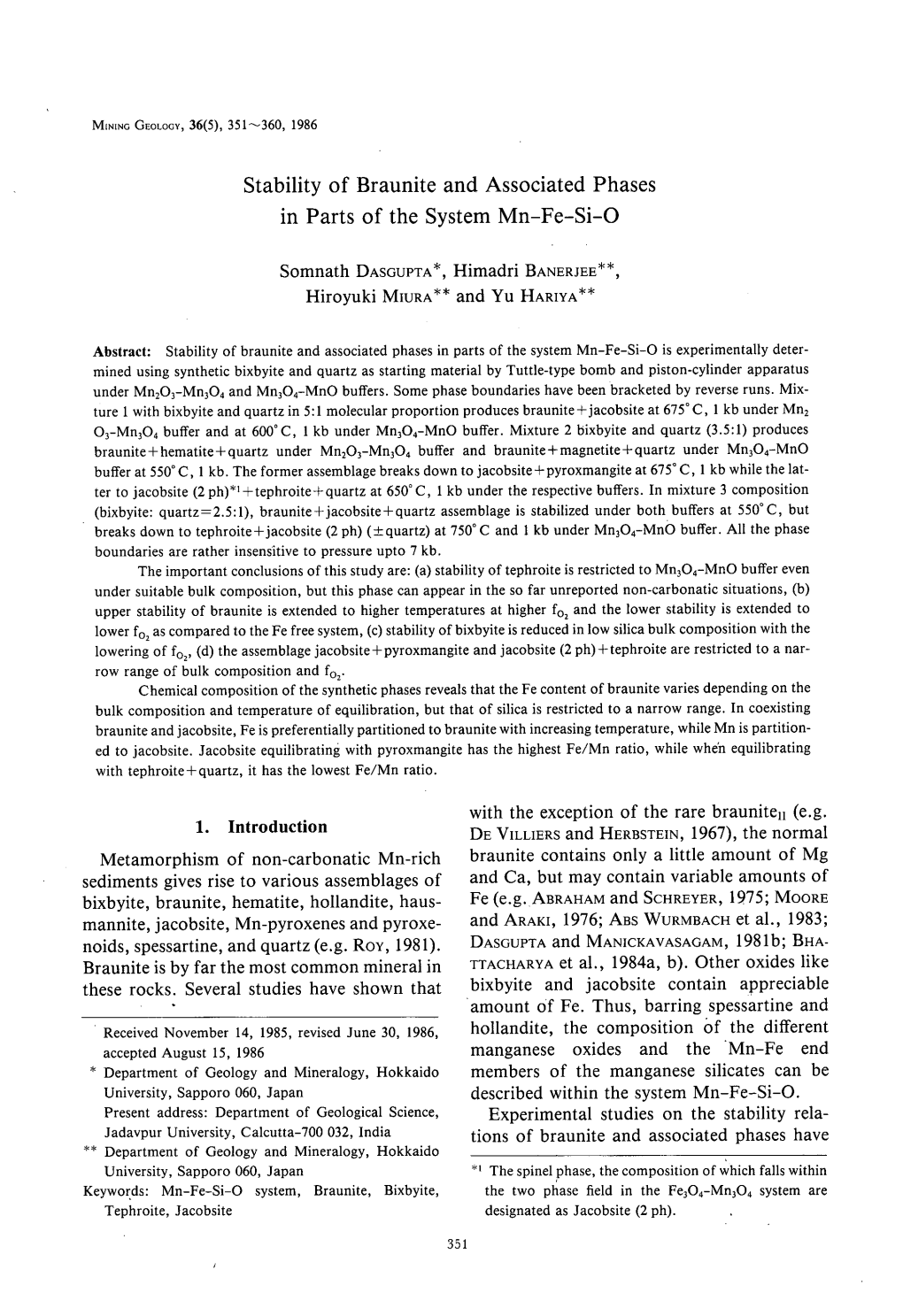 Stability of Braunite and Associated Phases in Parts of the System Mn-Fe-Si-O