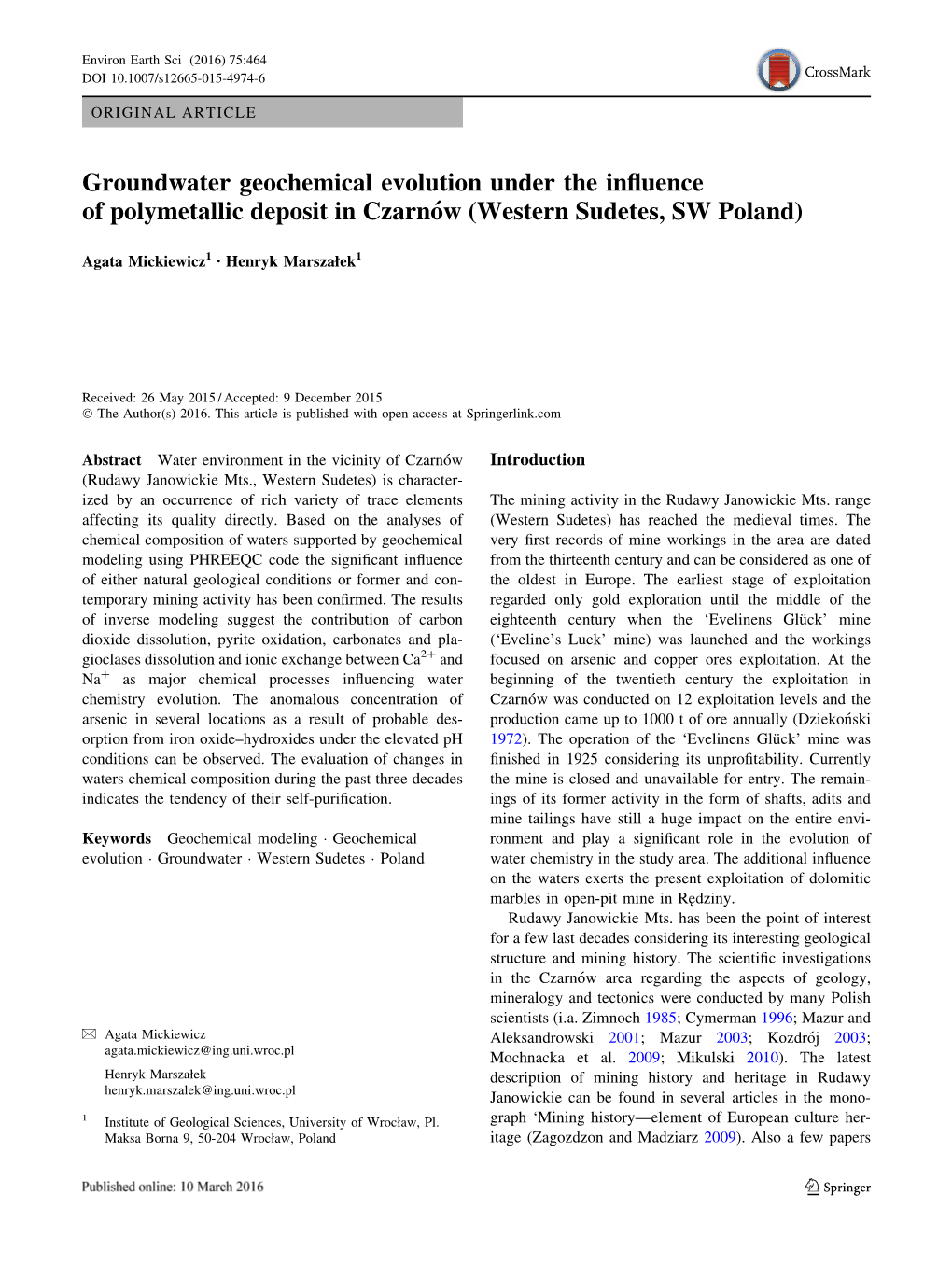 Groundwater Geochemical Evolution Under the Influence