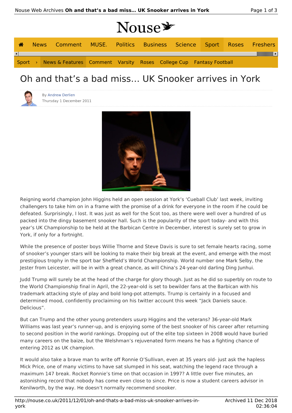 Oh and That's a Bad Miss… UK Snooker Arrives in York | Nouse