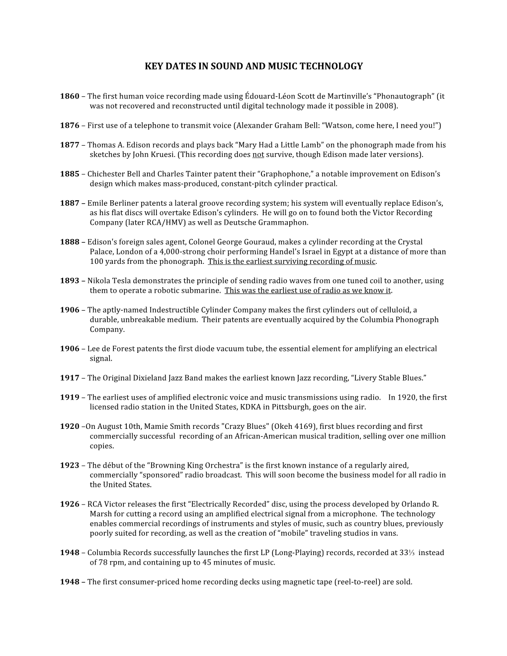 Key Dates in Sound and Music Technology