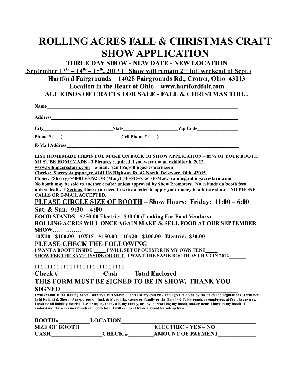 Rolling Acres Fall & Christmas Craft Show Application