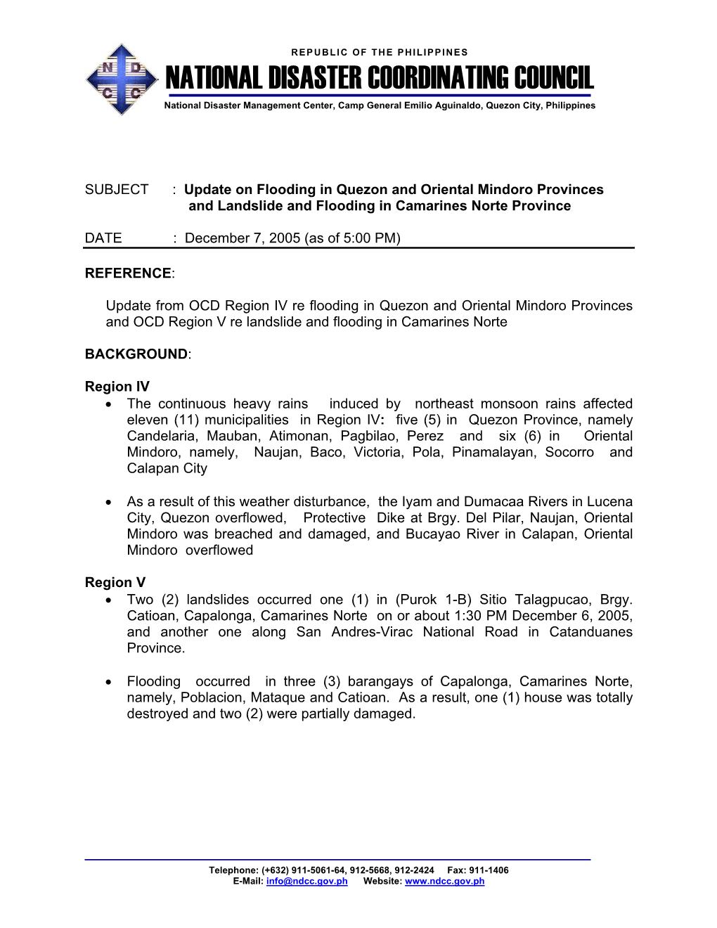 NATIONAL DISASTER COORDINATING COUNCIL National Disaster Management Center, Camp General Emilio Aguinaldo, Quezon City, Philippines