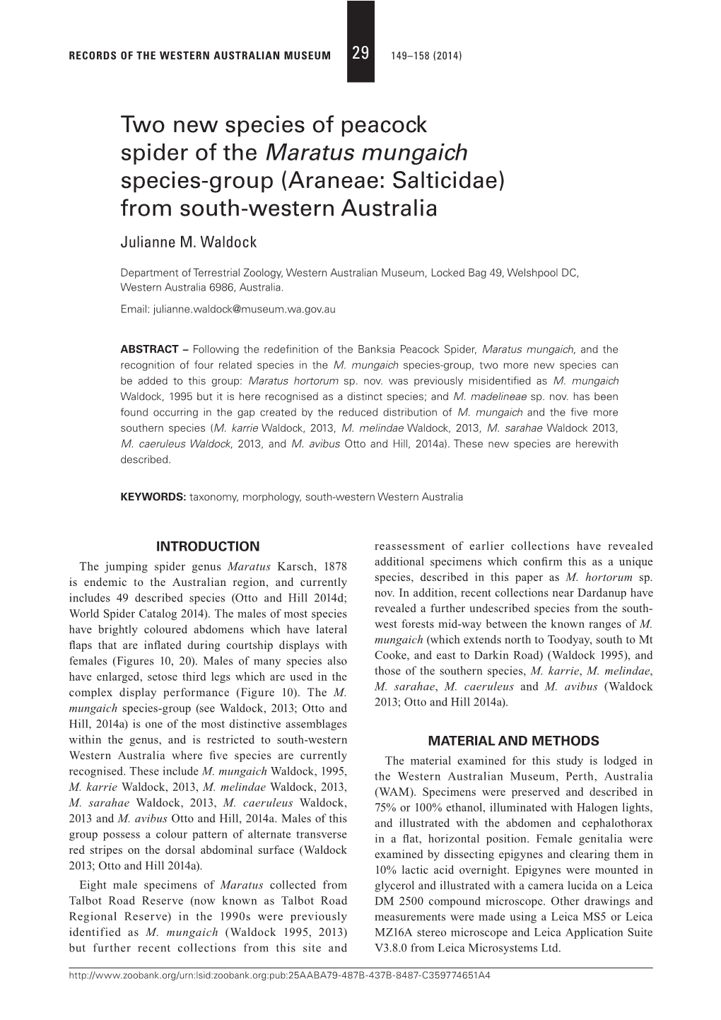 Two New Species of Peacock Spider of the Maratus Mungaich Species-Group (Araneae: Salticidae) from South-Western Australia Julianne M